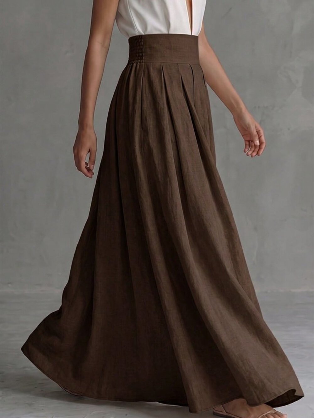 Brown Casual Women's Elegant Slimming Drape Pleated Long Skirt - Picture 5 of 6